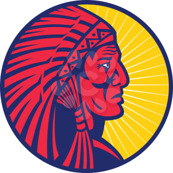 Mascot icon illustration of head of an old Native American Indian chief wearing feather headdress or war bonnet viewed from side set inside circle on isolated background in retro style.
