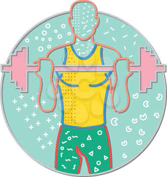 1980s Memphis style design illustration of an athlete or weightlifter lifting a barbell viewed from front set inside circle on isolated background.