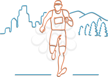Retro style illustration showing a 1990s neon sign light signage lighting of a male marathon runner running with buildings and mountains in background on isolated background.