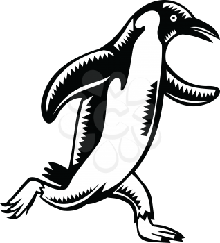 Retro woodcut style illustration of a gentoo penguin marathon runner running viewed from side on isolated background done in black and white.