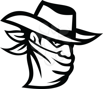 Retro style illustration of a cowboy outlaw or bandit wearing face mask or bandana covering his face with banner in Black and White.
