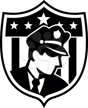 Illustration of an American security guard policeman or police officer looking to side set inside badge shield crest with stars done in retro Black and White style on isolated background.