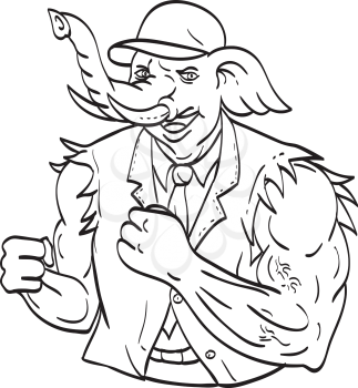 Line art drawing illustration of an elephant wearing a baseball cap hat with ripped torn suit jacket ready for a fist fight done in monoline style black and white.