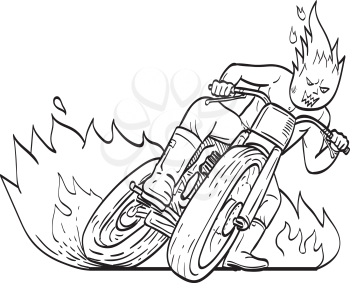 Line art drawing illustration of motorcycle driver with fireball head driving motorbike flat track racing, also known as dirt track racing, on fire and fiery done in monoline style black and white.