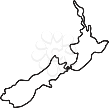 Continuous line drawing illustration of a map of New Zealand showing the North Island and the South Island done in sketch or doodle style. 