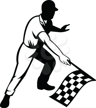 Retro woodcut black and white style illustration of a flagman or race official waving a checkered or chequered flag at start finish line indicating race is officially finished on isolated background.