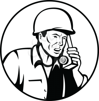 Black and white illustration of a World War two American soldier serviceman talking and calling walkie-talkie radio communication set inside circle on isolated white background  done in retro style.