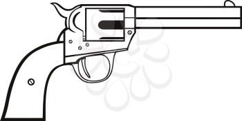 Stencil illustration of colt single action revolver or a wheel gun, a repeating handgun with a revolving cylinder containing multiple chambers and one barrel for firing in black and white retro style.