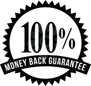 Icon mark seal sign  illustration showing 100% Percent Money Back Guarantee stamp, rosette or badge on isolated background done in retro black and white style.