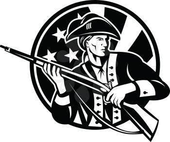 Illustration of an American  patriot revolutionary soldier with rifle and USA Stars and stripes flag in background set inside a circle don ein retro black and white style.