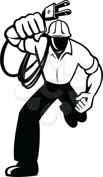 Illustration of an electrician construction worker power lineman holding an electric plug with electrical cord running front view done in retro black and white style in isolated background.