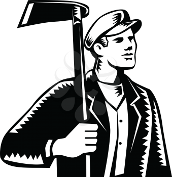 Illustration of male farmer, gardener, landscaper or horticulturist holding grub hoe looking to the side set on isolated background done in retro woodcut black and white style. 