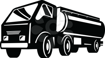 Retro style illustration of a tank truck, gas truck, fuel truck, tanker or tanker truck, a motor vehicle designed to carry liquefied loads or gases on roads on isolated background in black and white.