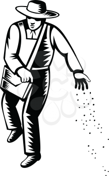 Illustration of an organic farmer, horticulturist, agriculturist or gardener sowing seed viewed from front done in retro black and white style on isolated background.
