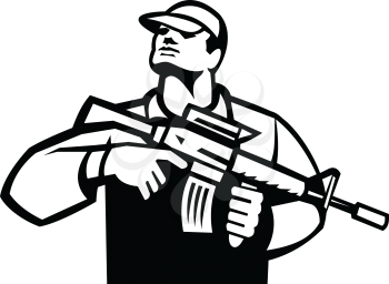 Black and White Illustration of an American soldier serviceman holding an assault rifle facing front looking up on isolated white background.