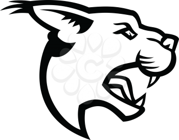 Black and white mascot illustration of head of caracal, a medium-sized wild cat native to Africa with short face, long tufted ears, and long canine teeth viewed from side on isolated background in retro style.