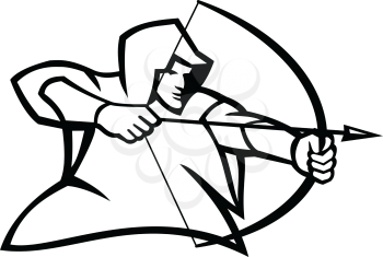 Black and white illustration of a medieval archer like Robin Hood, shooting a bow and arrow wearing a green hood viewed from side on isolated background in retro style.