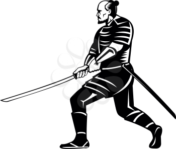 Retro black and white style illustration of a samurai warrior with katana sword in fighting stance viewed from side on isolated white background.