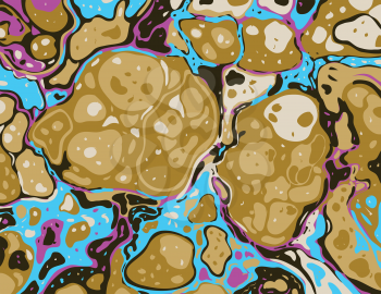 Digital marbling or inkscape illustration of an abstract swirling psychedelic liquid marble simulated marbling in Suminagashi Kintsugi marbled effect style in Candy pink and citrine yellow color.
