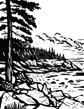 WPA poster monochrome art of the Acadia National Park on Mount Desert Island, Maine USA done in works project administration black and white style.