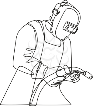 Continuous line drawing illustration of a Mig welder with visor holding welding torch done in mono line or doodle style in black and white on isolated background. 