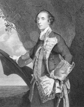 Royalty Free Photo of George Brydges Rodney, 1st Baron Rodney (1719-1792) on engraving from the 1800s. British naval officer, best known for his commands in the American War of Independence. 
