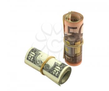 Royalty Free Photo of Rolled American Dollars and Euros