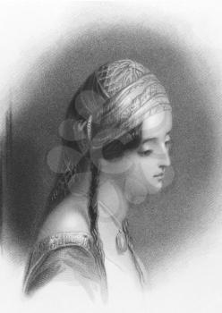 Royalty Free Photo of Lord Byron's Maid of Athens on engraving from the 1800s. Theresa Makri was a Greek girl, Lord Byron fell in love and wrote a poem about. Engraved by W.Finden after a drawing by F