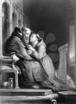 The confession on engraving from 1870. Engraved by T.W.Knight after a painting by D.Wilkie.