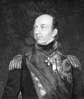 Edward Codrington (1770-1851) on engraving from 1859. British admiral, hero of the Battles of Navarino and Trafalgar. Engraved by unknown artist and published in Meyers Konversations-Lexikon, Germany,