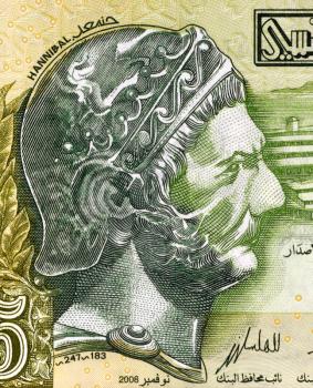 Hannibal (247-182 BC) on 5 Dinars 2008 Banknote from Tunisia. Punic Carthaginian military commander. One of the greatest military commanders in history.