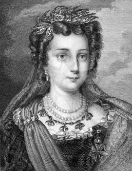 Maria II of Portugal (1819-1853) on engraving from 1859.  Queen regnant of Portugal during 1826-1828 and 1834- 1853. Engraved by unknown artist and published in Meyers Konversations-Lexikon, Germany,1