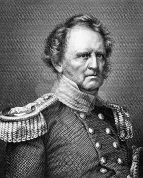 Winfield Scott (1786-1866) on engraving from 1859.  United States Army general. Engraved by Nordheim and published in Meyers Konversations-Lexikon, Germany,1859.