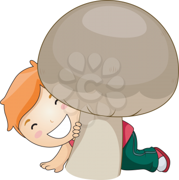 Royalty Free Clipart Image of a Boy Behind a Huge Mushroom