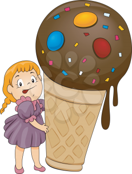 Royalty Free Clipart Image of a Girl With a Huge Ice Cream Cone