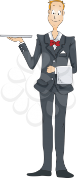 Royalty Free Clipart Image of a Waiter Holding a Tray