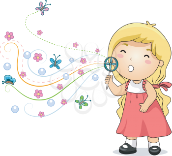 Royalty Free Clipart Image of a Little Girl Blowing Bubbles