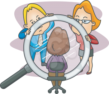 Royalty Free Clipart Image of Two People Looking at Someone Through a Magnifying Glass