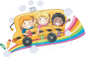 Royalty Free Clipart Image of a School Bus on a Rainbow Road