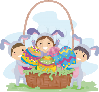 Royalty Free Clipart Image of Children With a Large Easter Basket