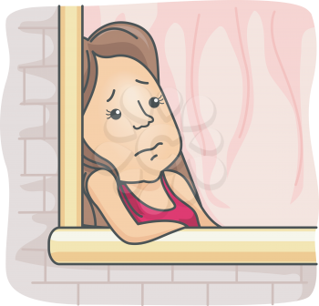 Royalty Free Clipart Image of a Sad Girl at a Window