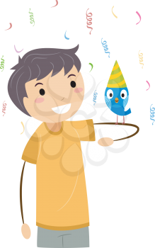 Royalty Free Clipart Image of a Boy Celebrating at a Party With a Bird