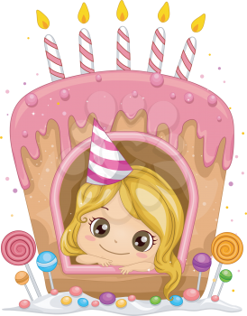 Royalty Free Clipart Image of a Girl in a Birthday Cake