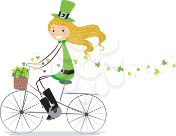 Royalty Free Clipart Image of an Irish Girl Riding a Bike