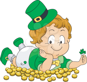 Royalty Free Clipart Image of an Irish Child Lying on Gold Coins
