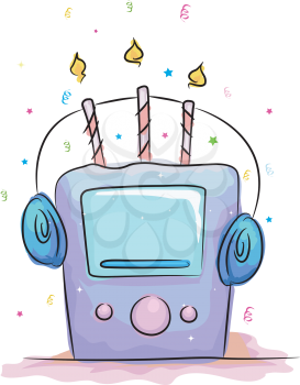 Royalty Free Clipart Image of a Headphone and Stereo Birthday Cake
