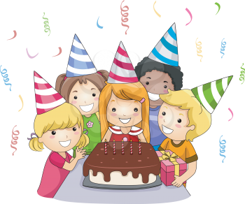 Royalty Free Clipart Image of a Children Celebrating a Birthday With Cake