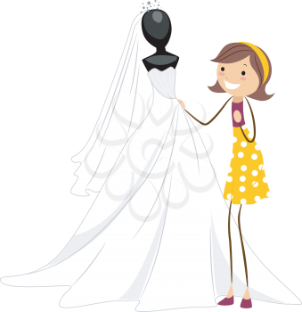 Royalty Free Clipart Image of a Woman Looking at a Bridal Gown