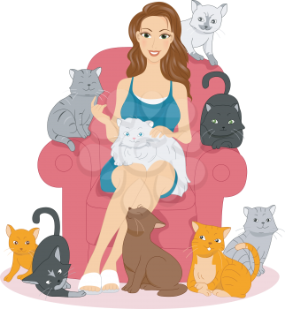 Illustration of a Woman Surrounded by Cats