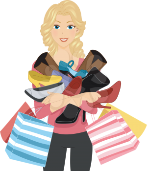 Illustration of a Girl Carrying a Pile of Shoes